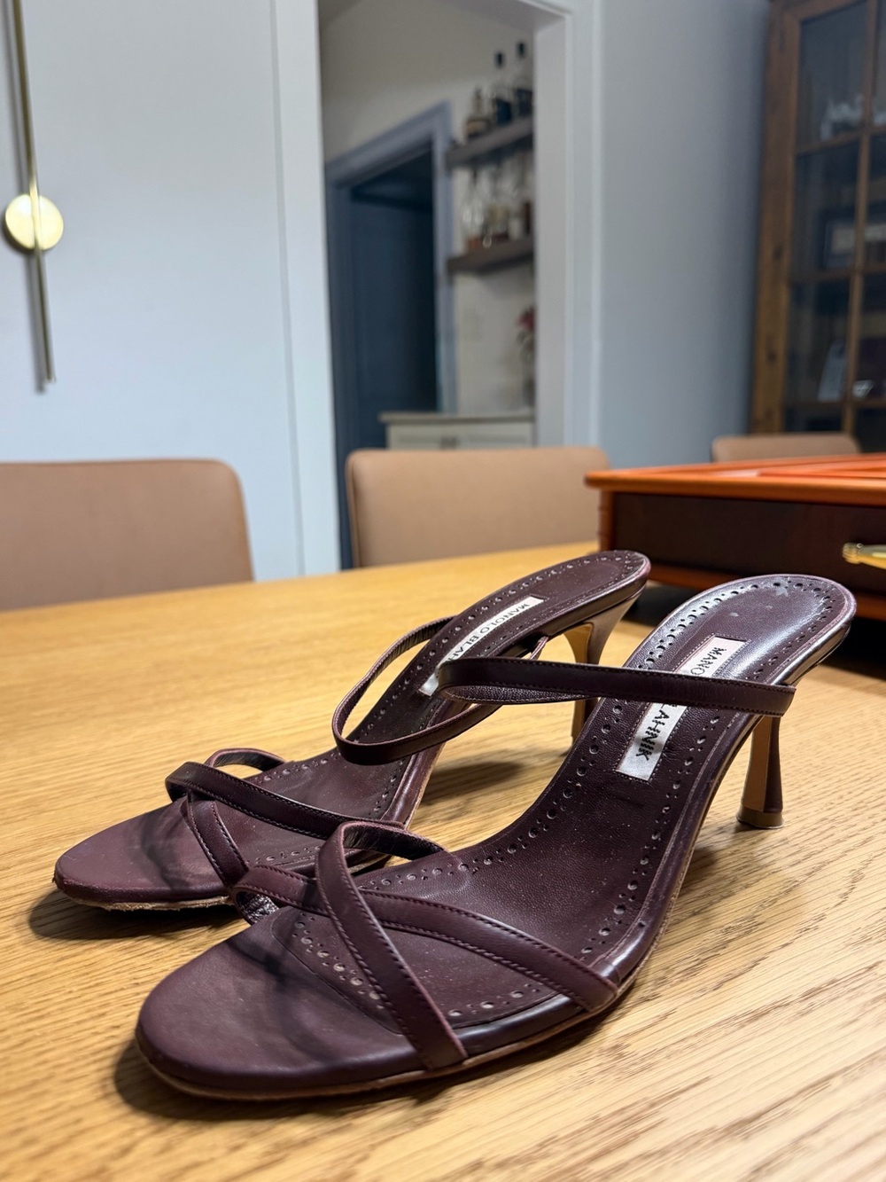 Manolo Blahnik Burgundy Strappy Leather Heeled Sandals - Picture 3 of 3